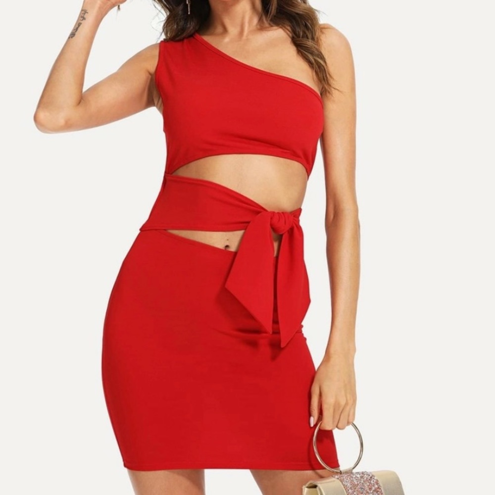 Knot waist cut out one shoulder dress